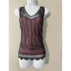 MARINA Size XL Flapper Style Beaded Sequin Sheer Overlay Tank Gatsby Pink Black